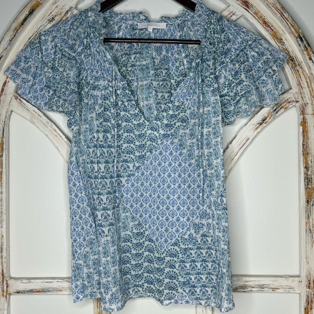 Olivaceous Blue and White Patterned Blouse